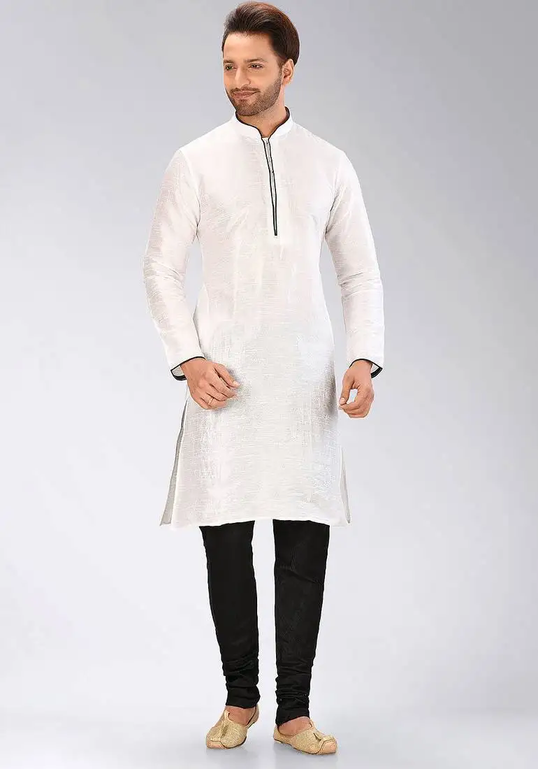 White dupion art silk mens kurta churidar set
