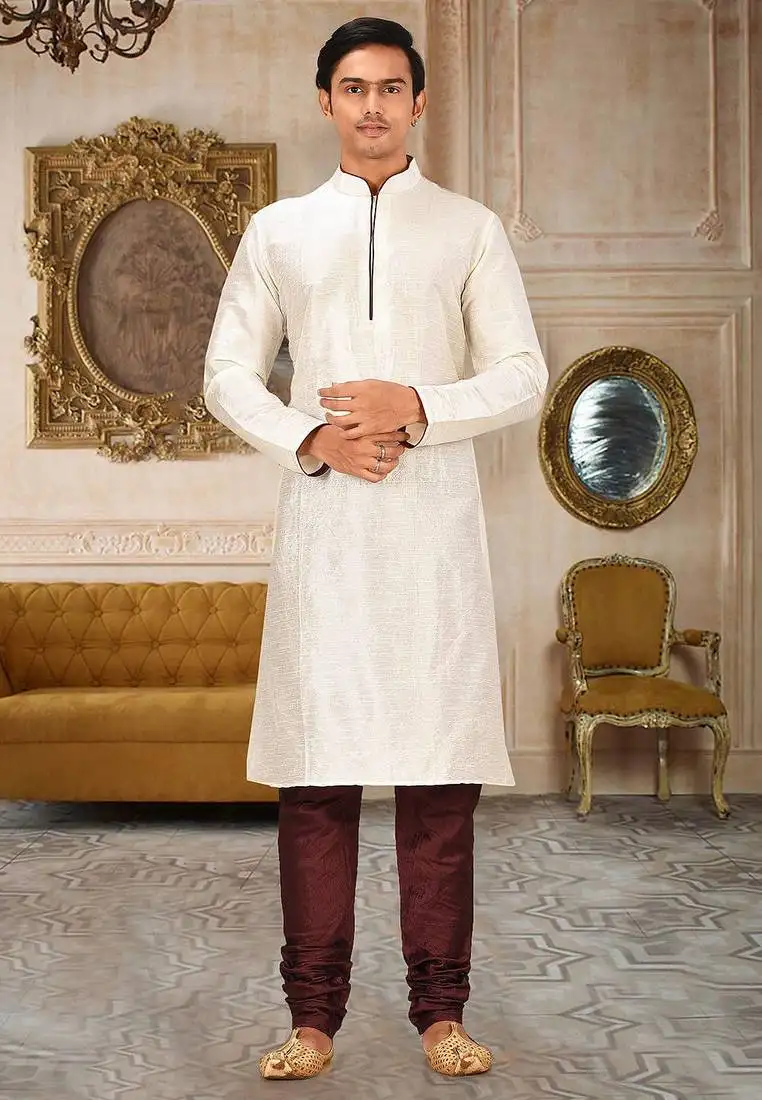 Cream dupion art silk mens kurta churidar set