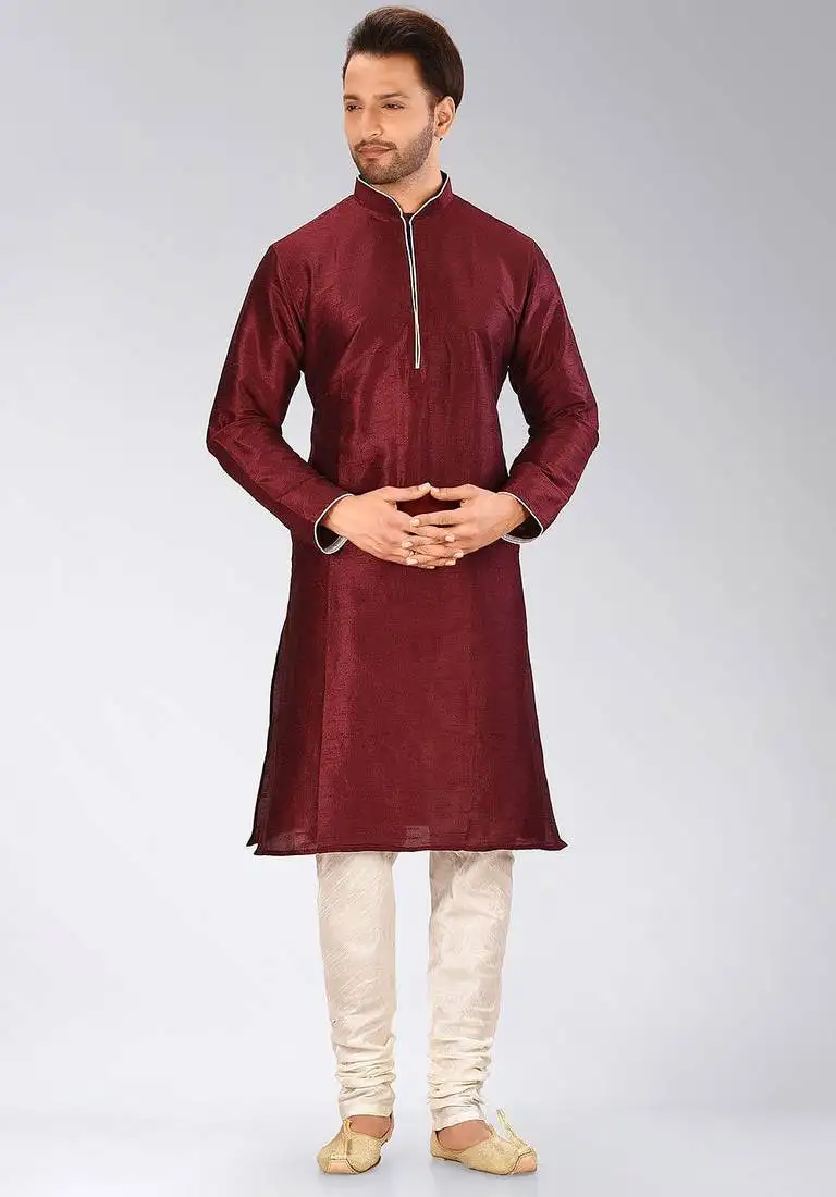 Mahroon dupion art silk mens kurta churidar set
