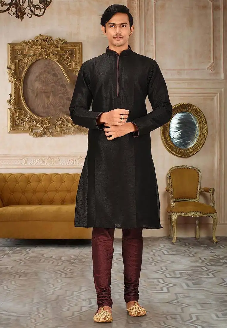 Black dupion art silk mens kurta churidar set