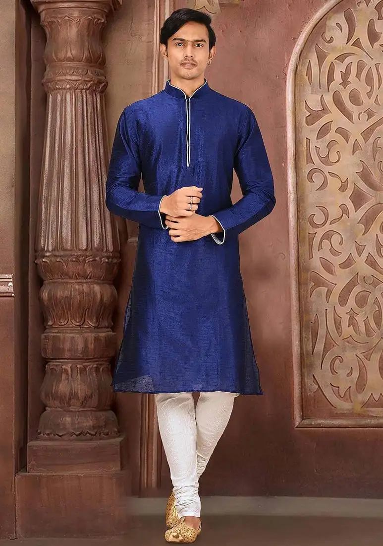 Royal blue dupion art silk mens kurta churidar set
