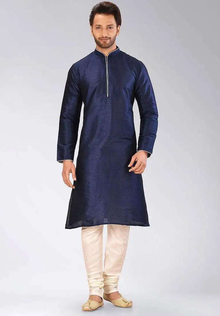 Navy blue dupion art silk mens kurta churidar set