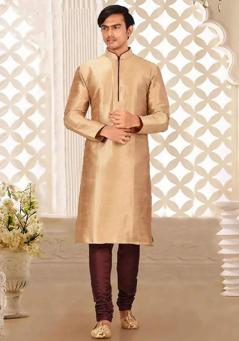 Chikoo dupion art silk mens kurta churidar set