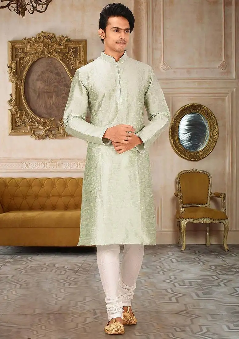 Sea green dupion art silk mens kurta churidar set