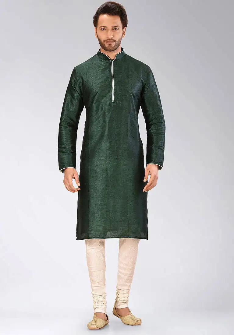 Rama green dupion art silk mens kurta churidar set