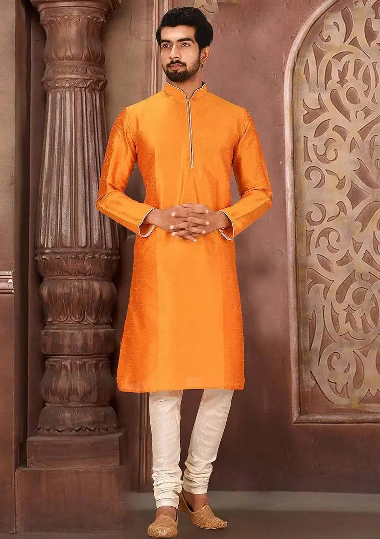 Orange dupion art silk mens kurta churidar set