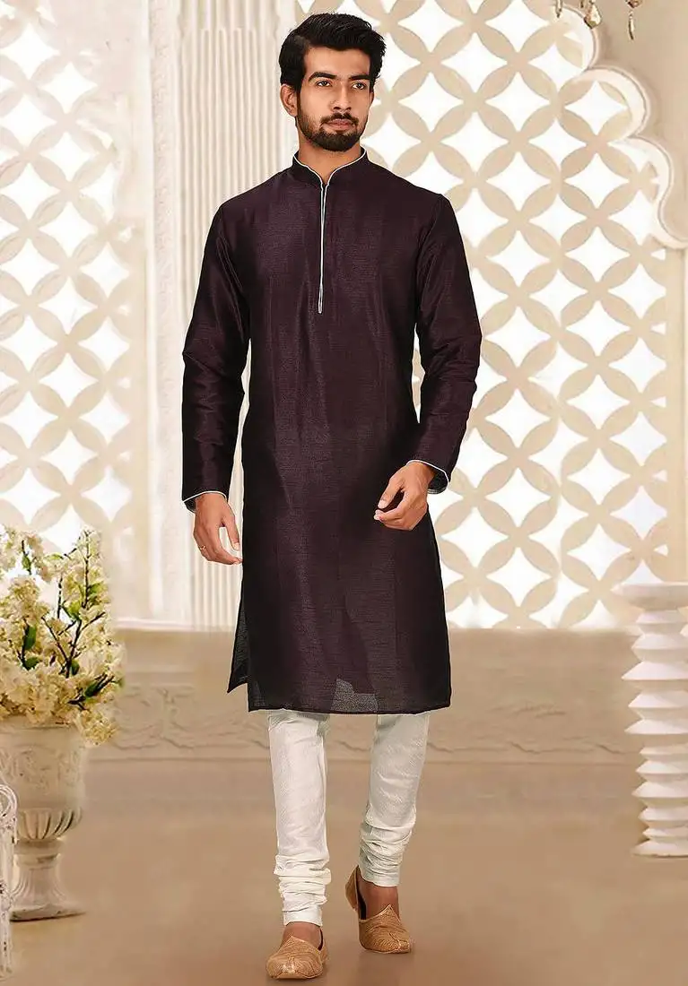 Wine dupion art silk mens kurta churidar set