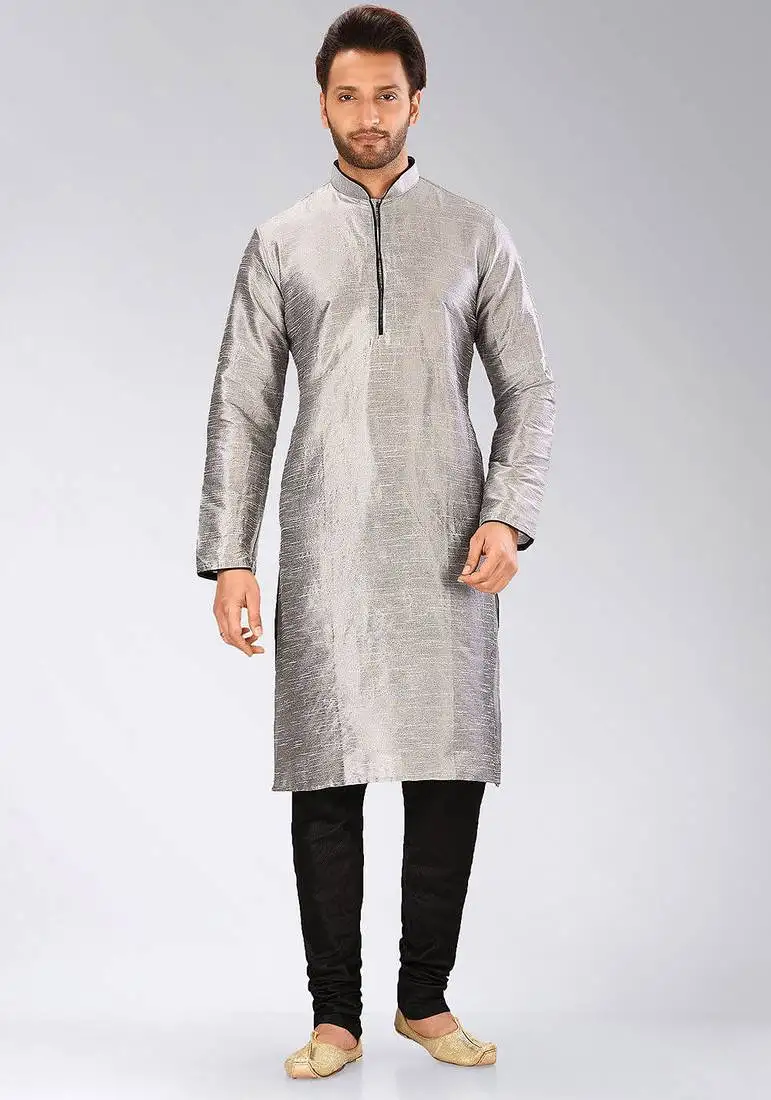 Grey dupion art silk mens kurta churidar set