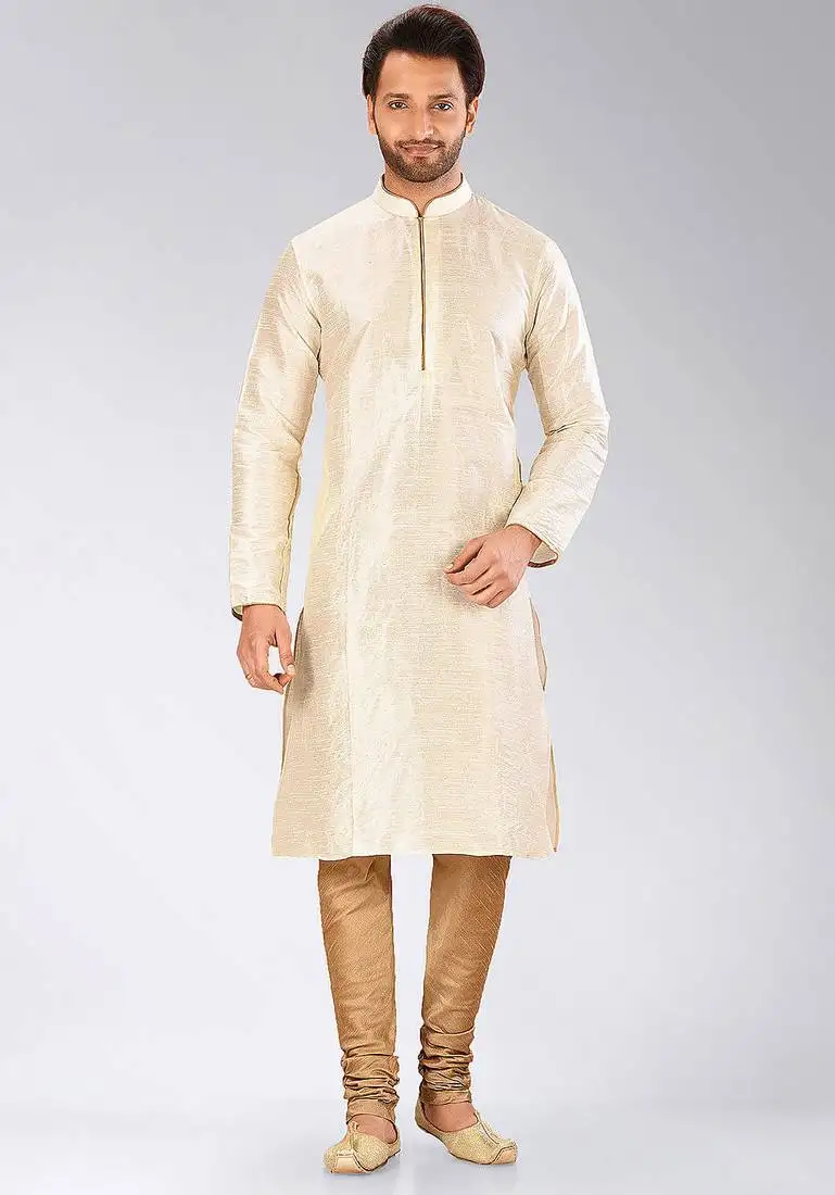 Deep cream dupion art silk mens kurta churidar set