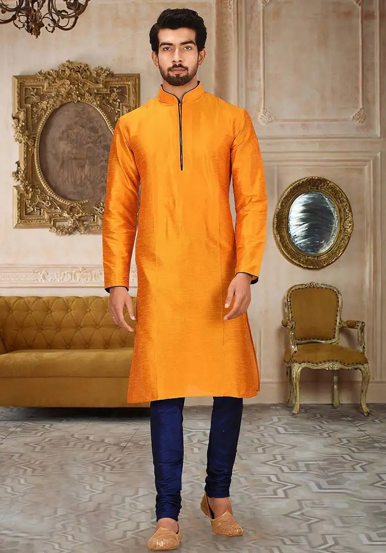 Mustard dupion art silk mens kurta churidar set