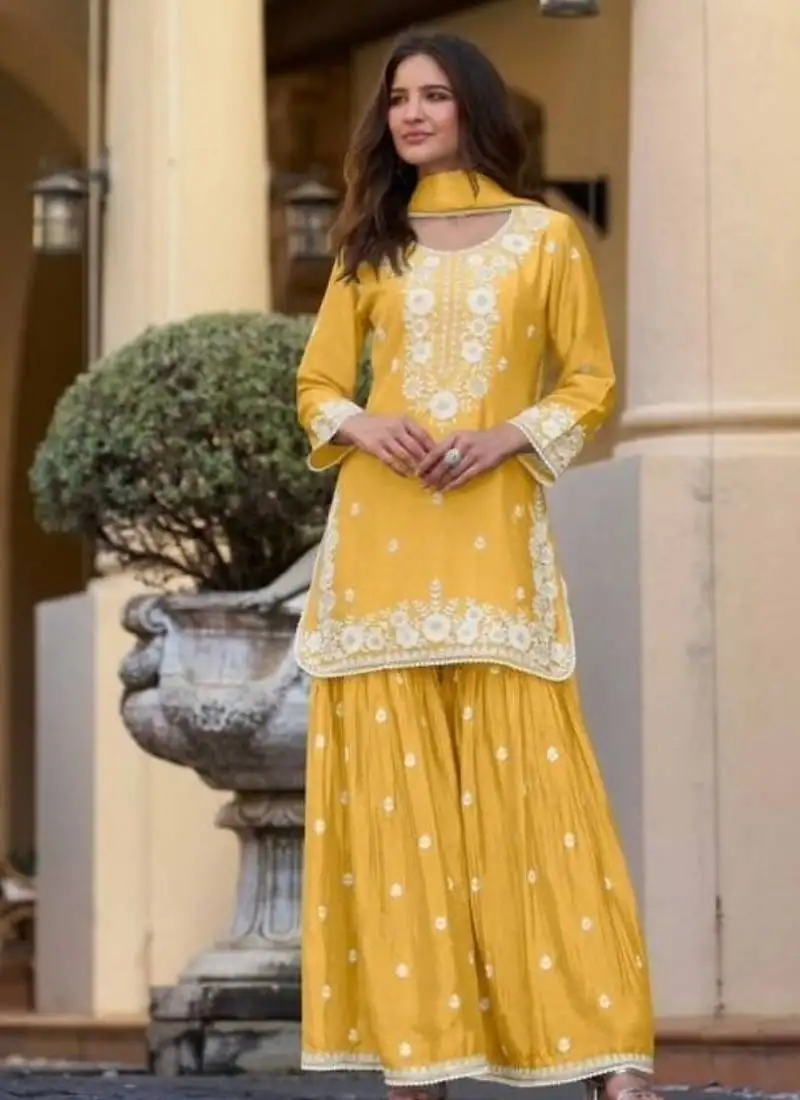 Yellow chinon silk lucknowi work full stitched gharara suits with dupatta