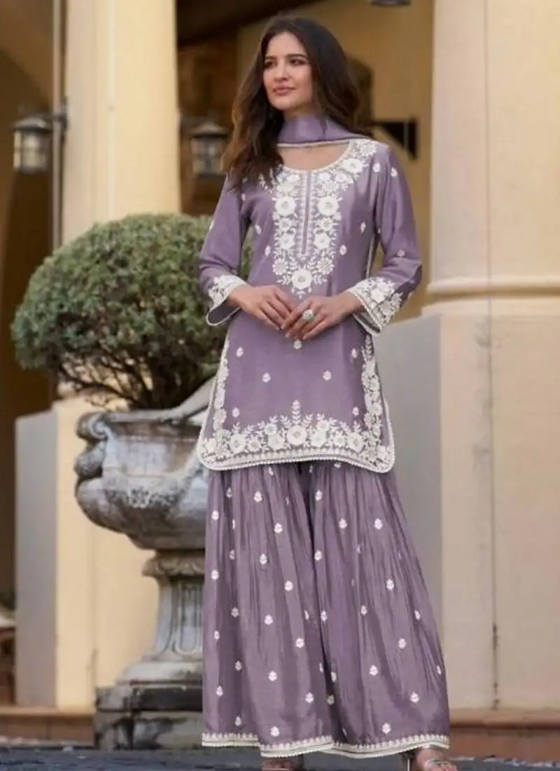 Light purple chinon silk lucknowi work full stitched gharara suits with dupatta