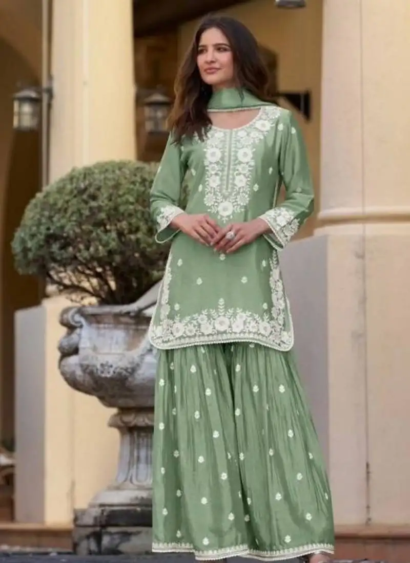 Light green chinon silk lucknowi work full stitched gharara suits with dupatta