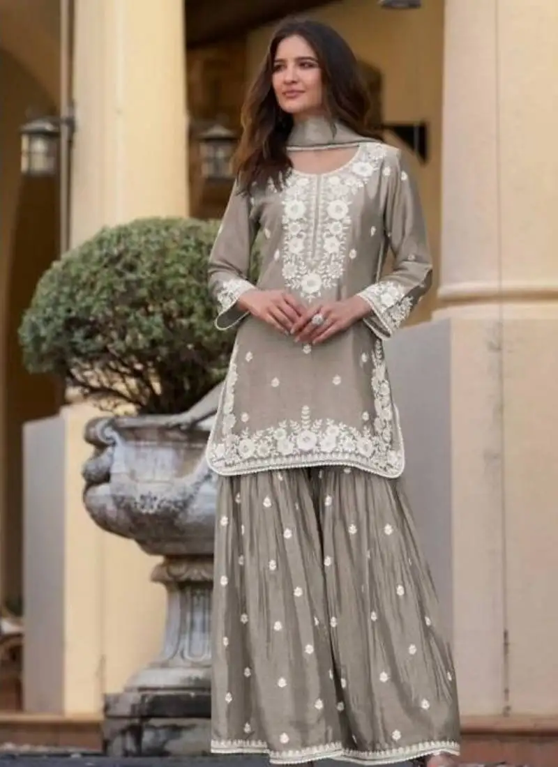 Light brown chinon silk lucknowi work full stitched gharara suits with dupatta