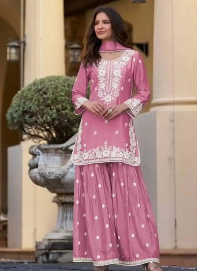 Rose pink chinon silk lucknowi work full stitched gharara suits with dupatta
