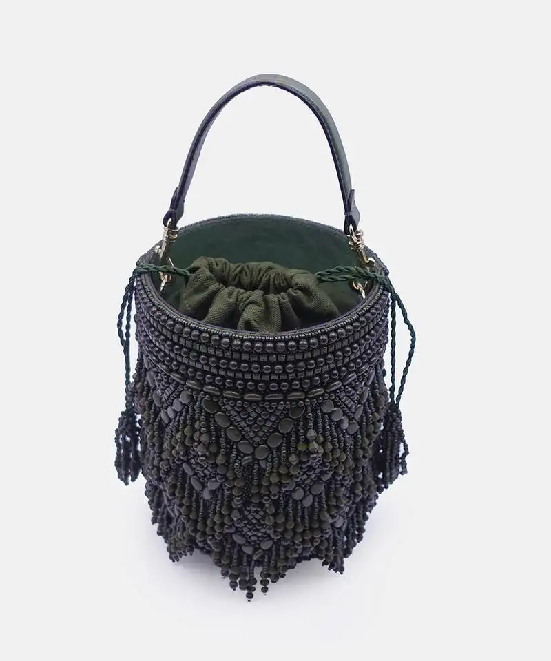 Handcrafted olive green potli bag adorned with intricate bead embellished