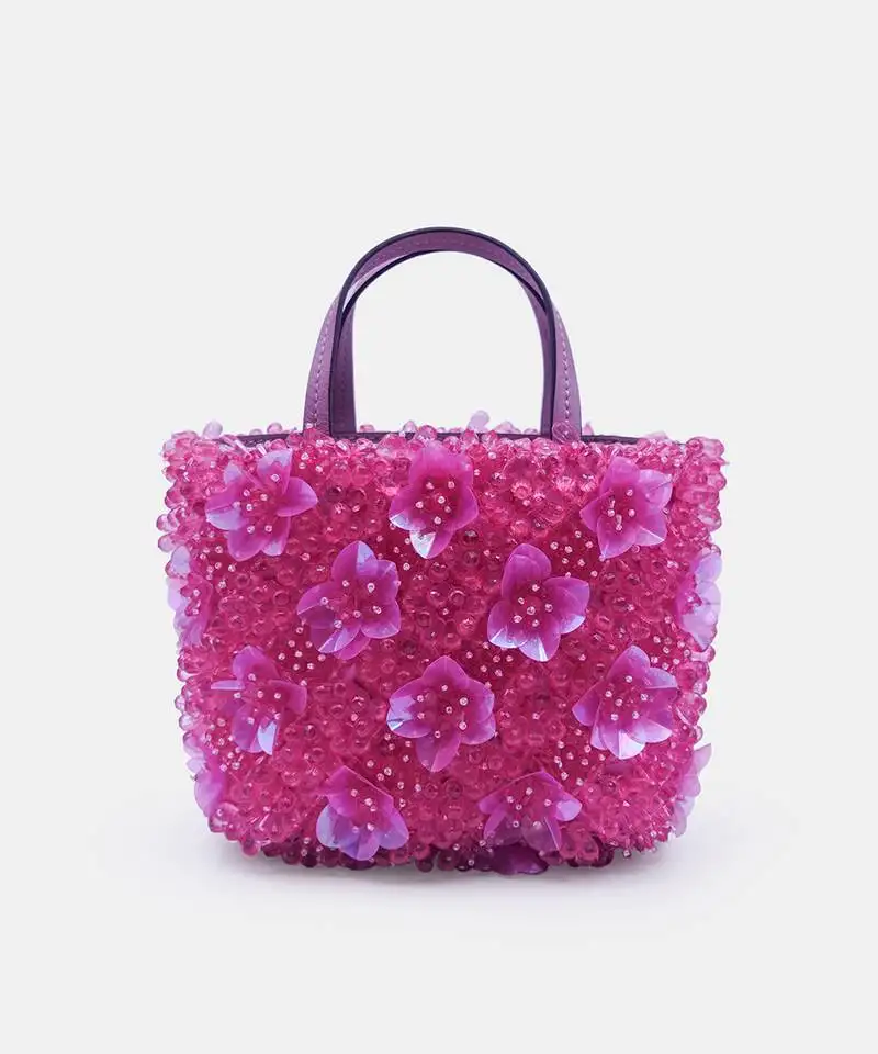 Pink orchid bucket bag with 3d flower crystal bead embellished