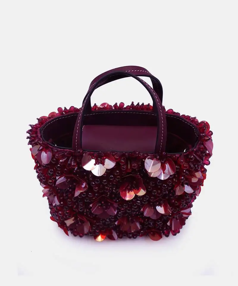 Burgundy orchid bucket bag flower crystal bead embellished