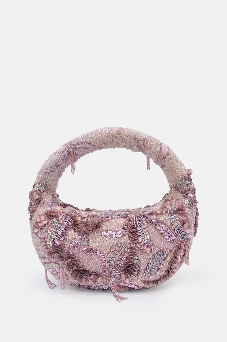 Beige and gold embellished beaded baguette bag with zip closer