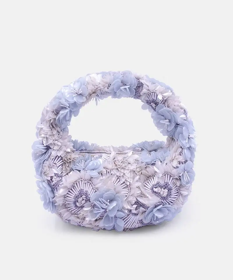 Embroidered white and blue floral sequins embellished clutch bag