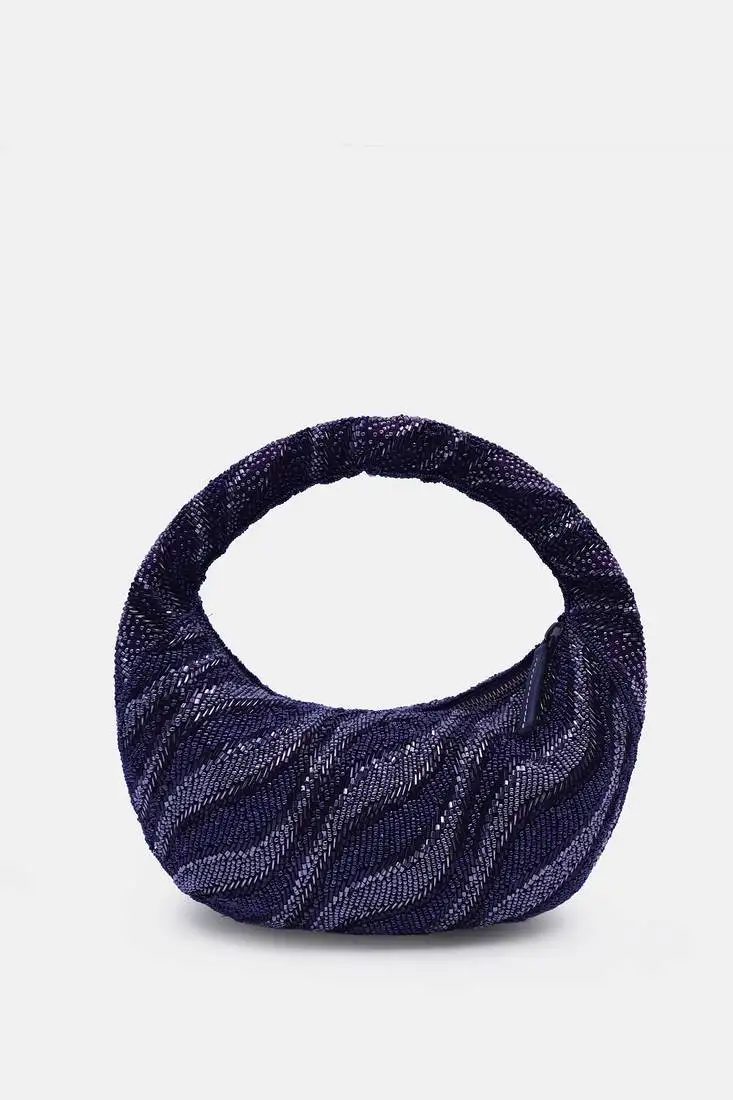 Embroidered plum beaded clutch bag with zip closure