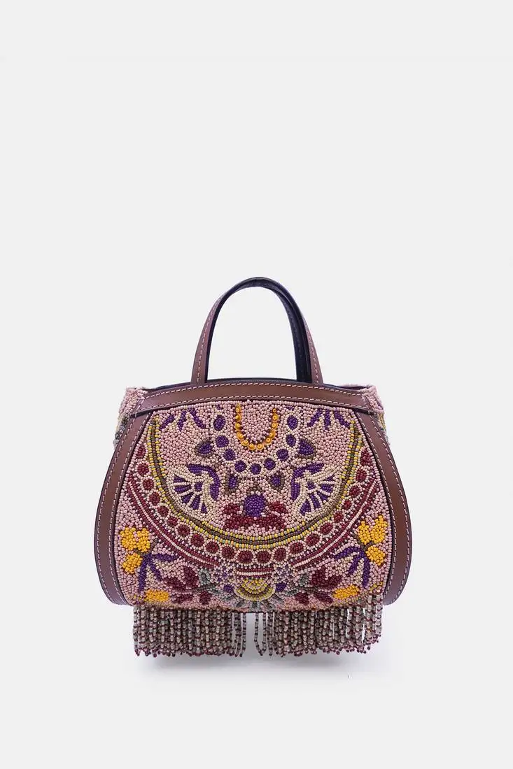 Purple clutch bag embellished with multi-floral beads