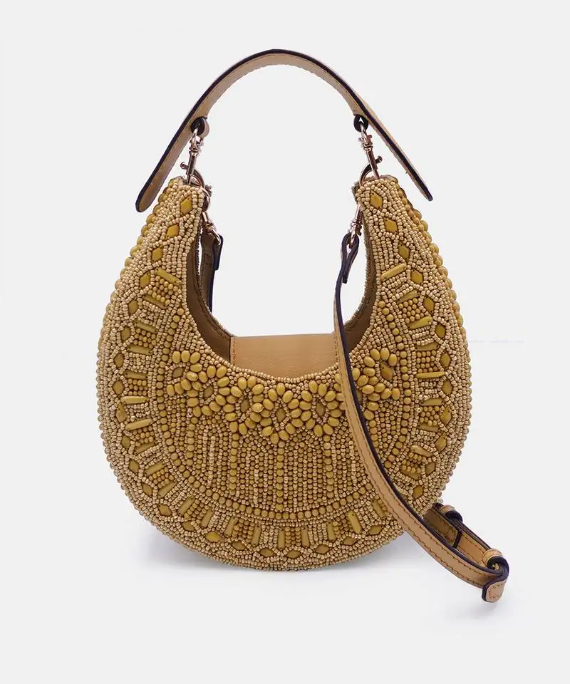 Yellow colored stone and glass bead embellished clutch bag