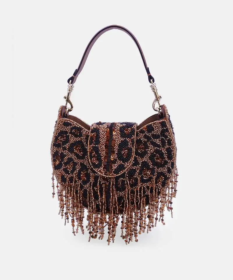Leopard fringed clutch bag with beads and sling strap