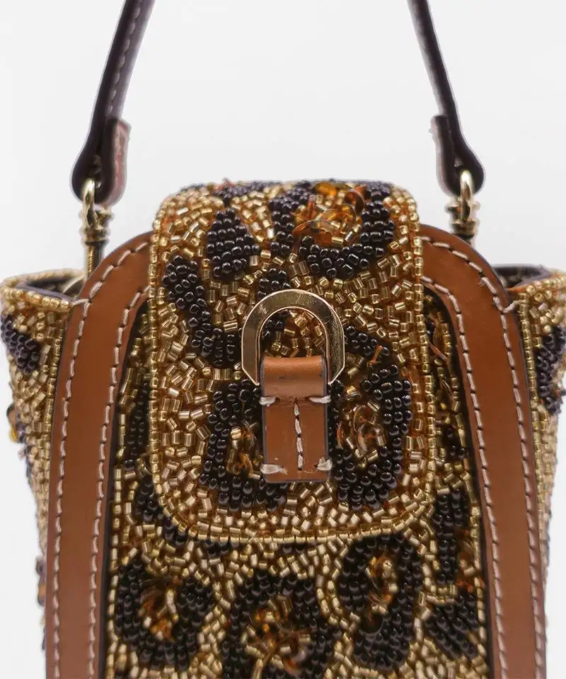 Leopard print hand embellished beaded clutch bag with crossbody sling