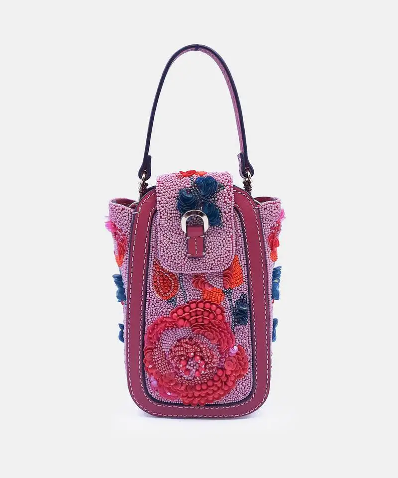 Pink & multicolor hand embroidered clutch bag with bead embellished and crossbody strap