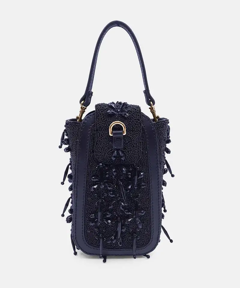 Hand-embroidered black clutch bag with bead embellished and crossbody strap