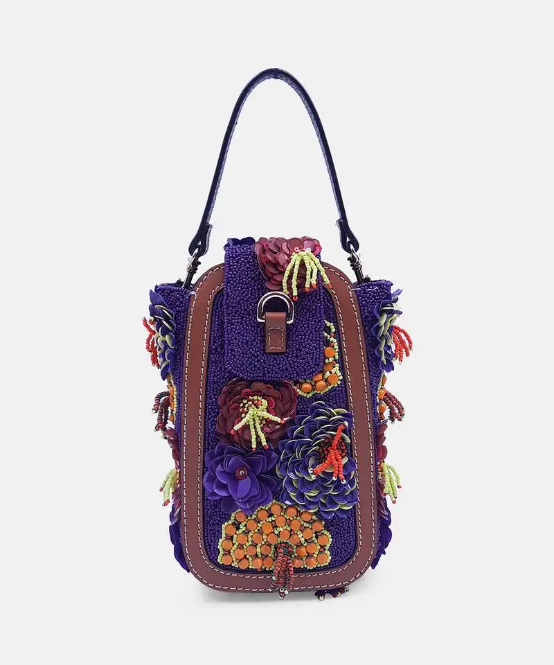 Purple embellished flower clutch bag with convertible crossbody sling