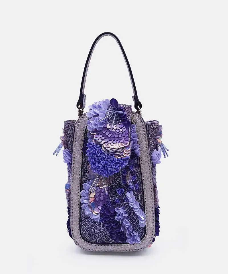 Purple beaded clutch bag with crossbody strap