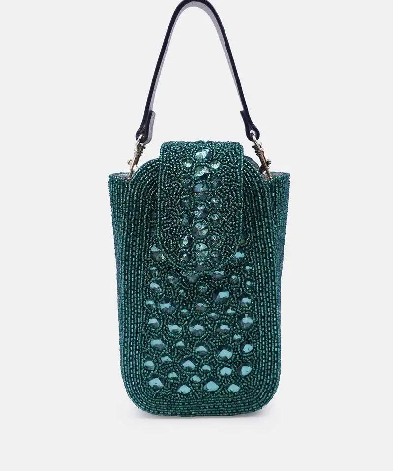 Green crystal embellished clutch with sling
