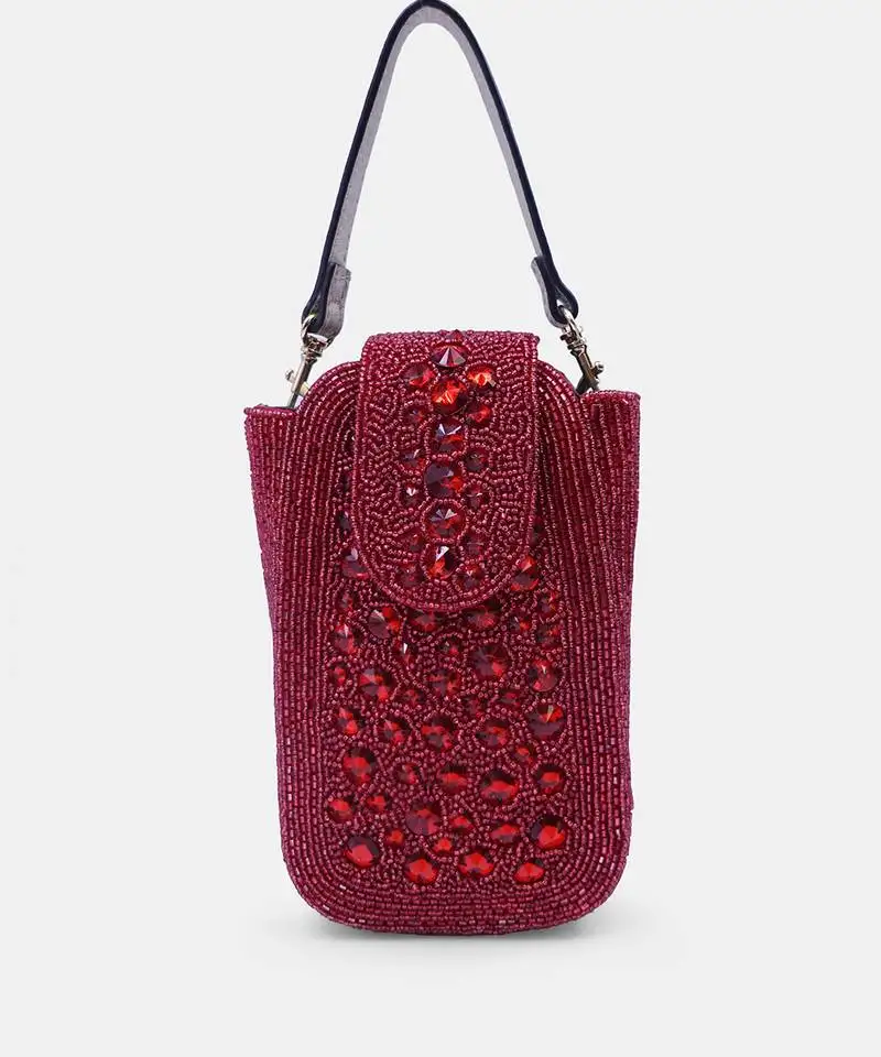 Maroon crystal embellished clutch with sling