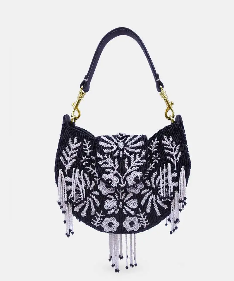 Black white beaded embellished hand clutch with crossbody