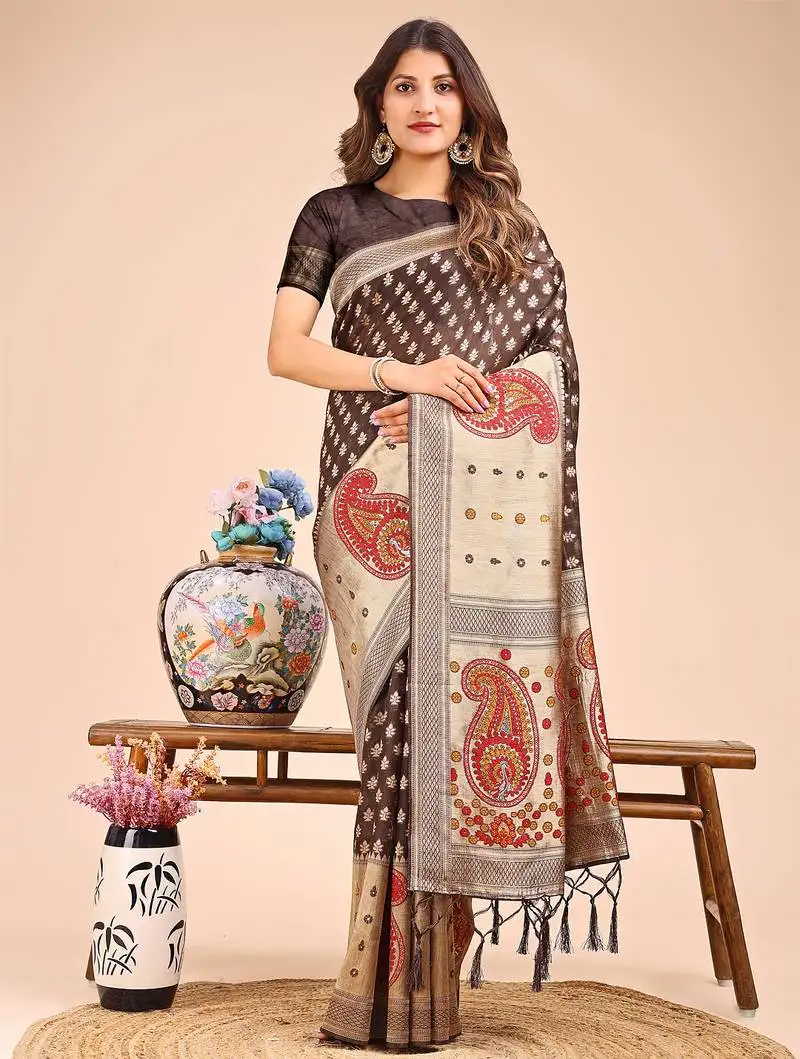 Brown & beige linen cotton saree with royal paisley charm