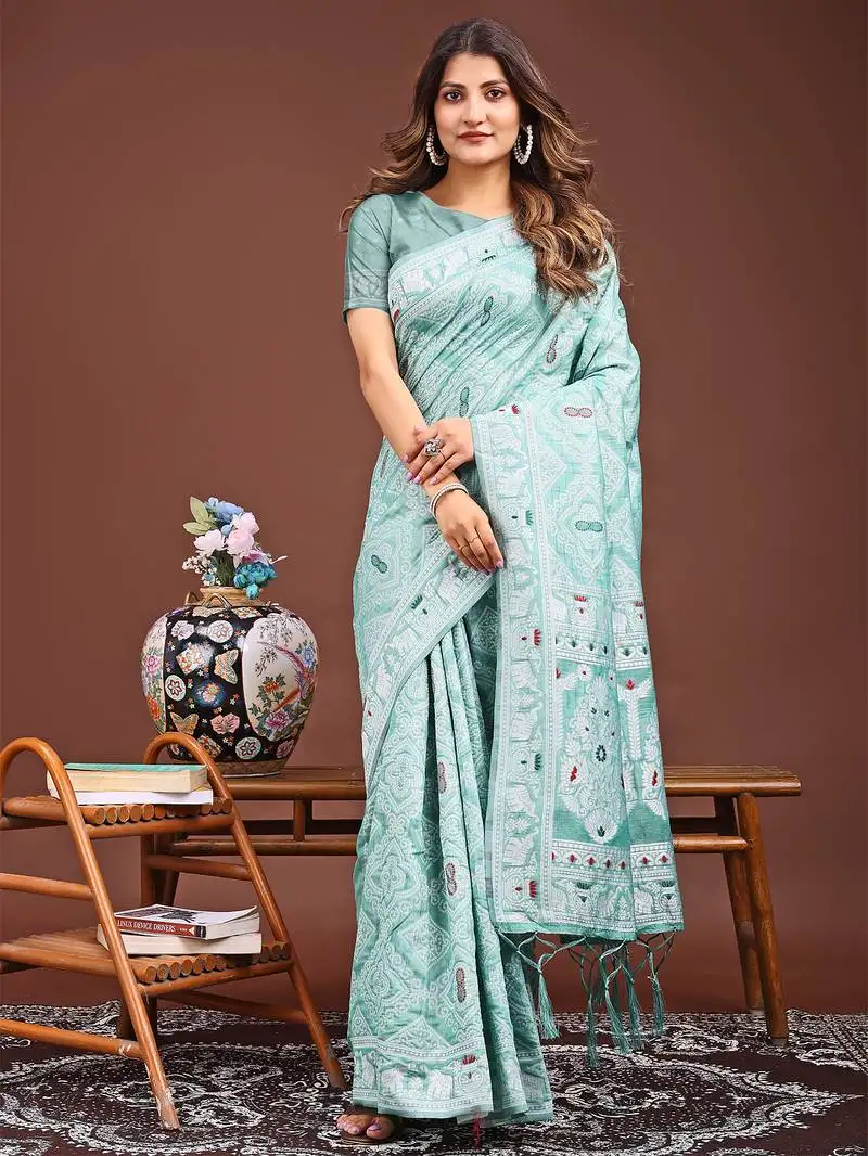 Sea green printed saree