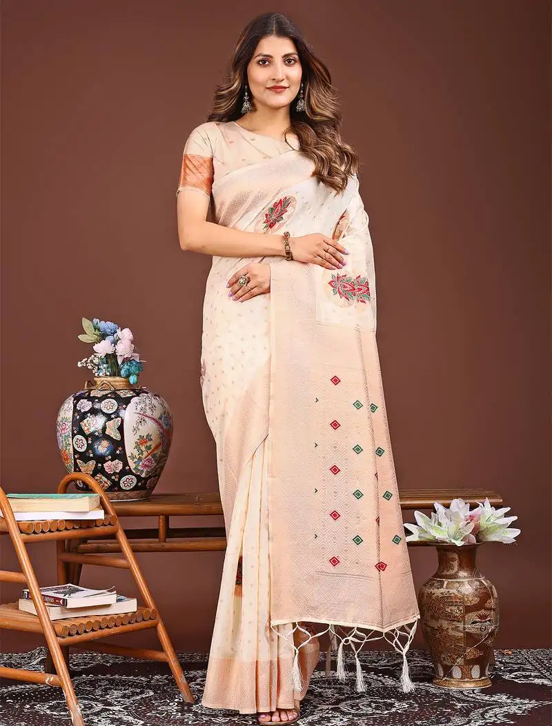 Cream woven work saree