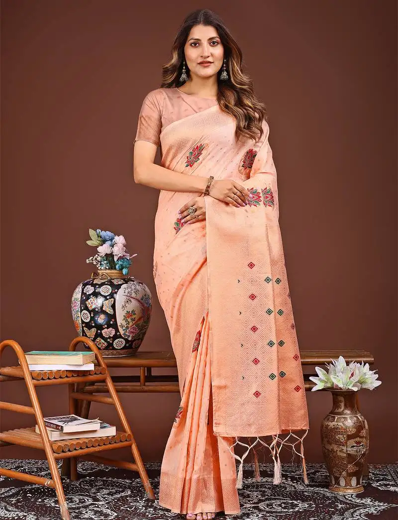 Peach woven work saree