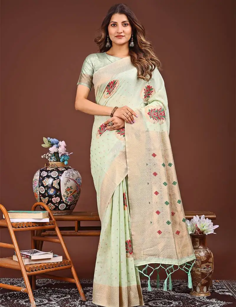 Light green woven work saree