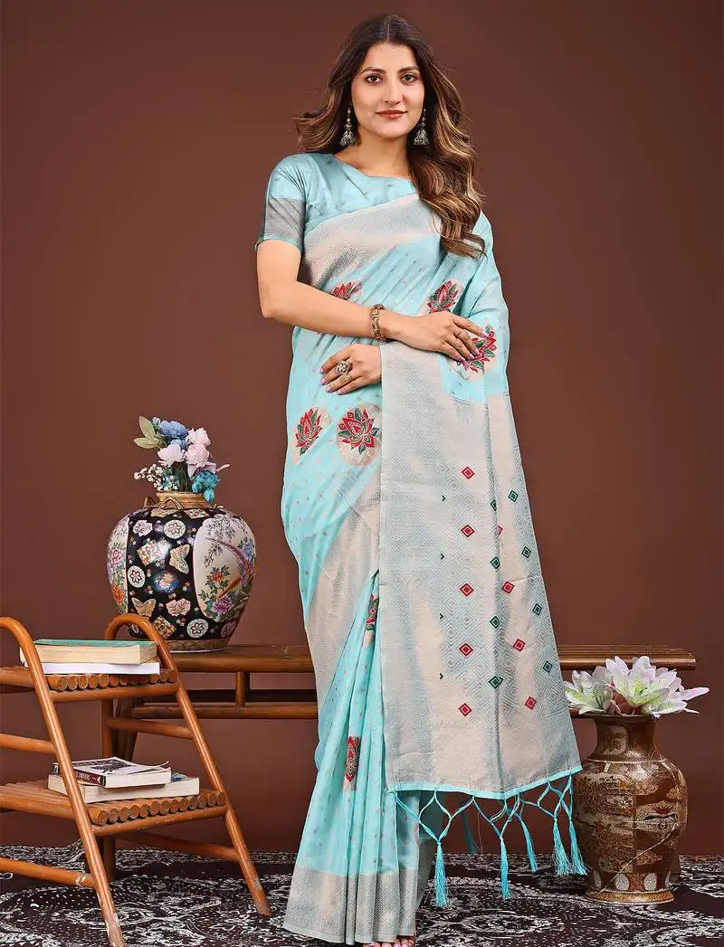 Sky blue woven work saree