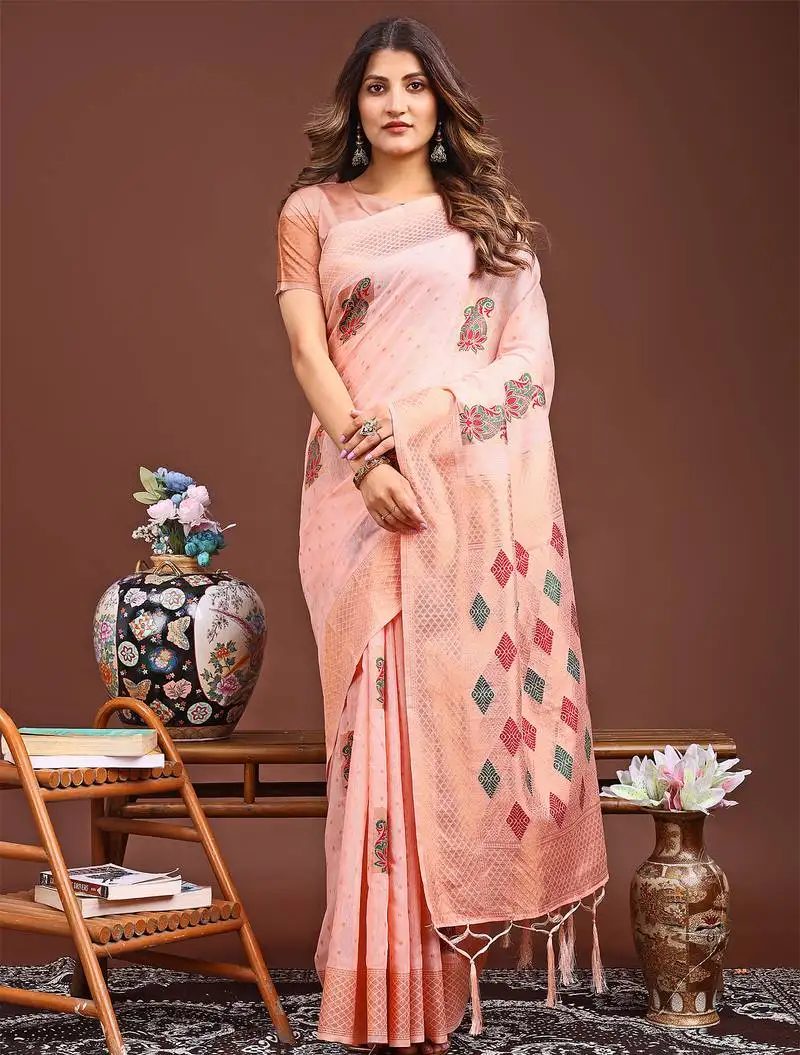 Peach jaquard saree with tassels