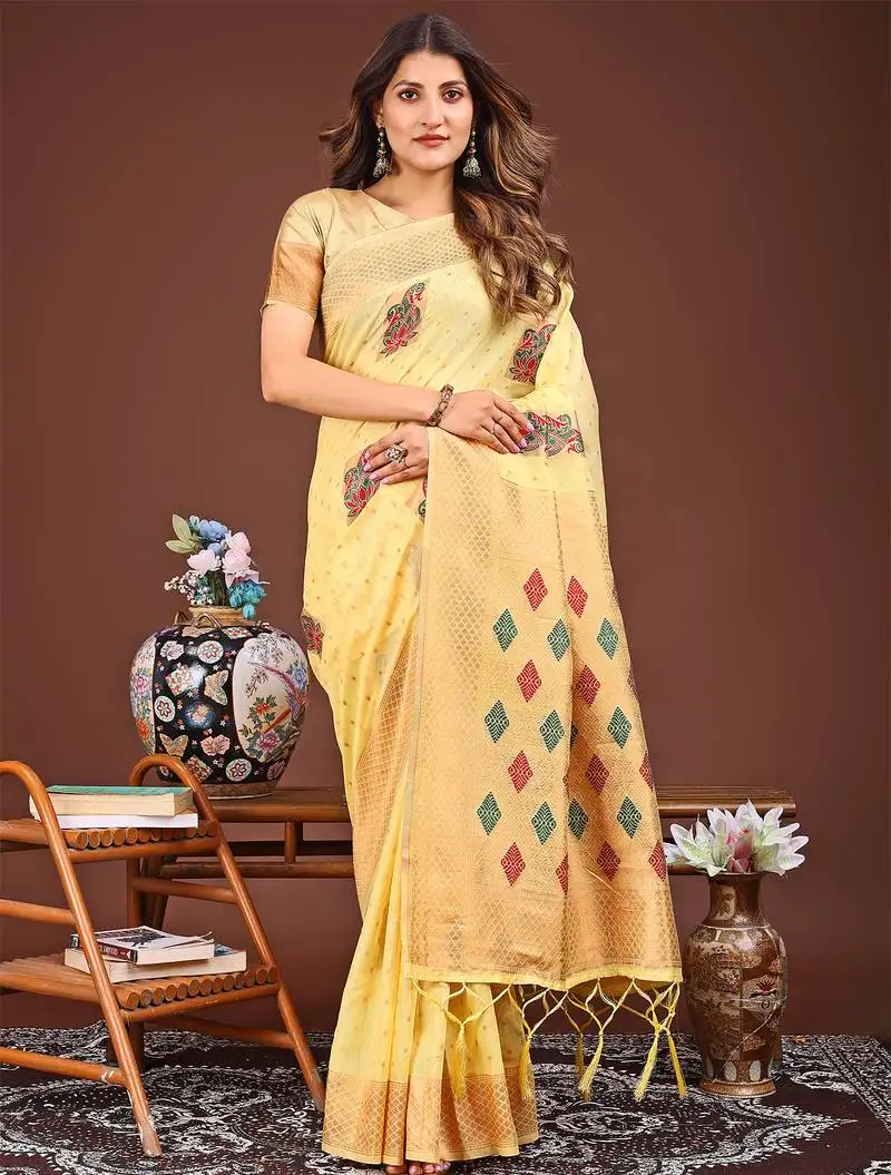 Yellow jaquard saree with tassels