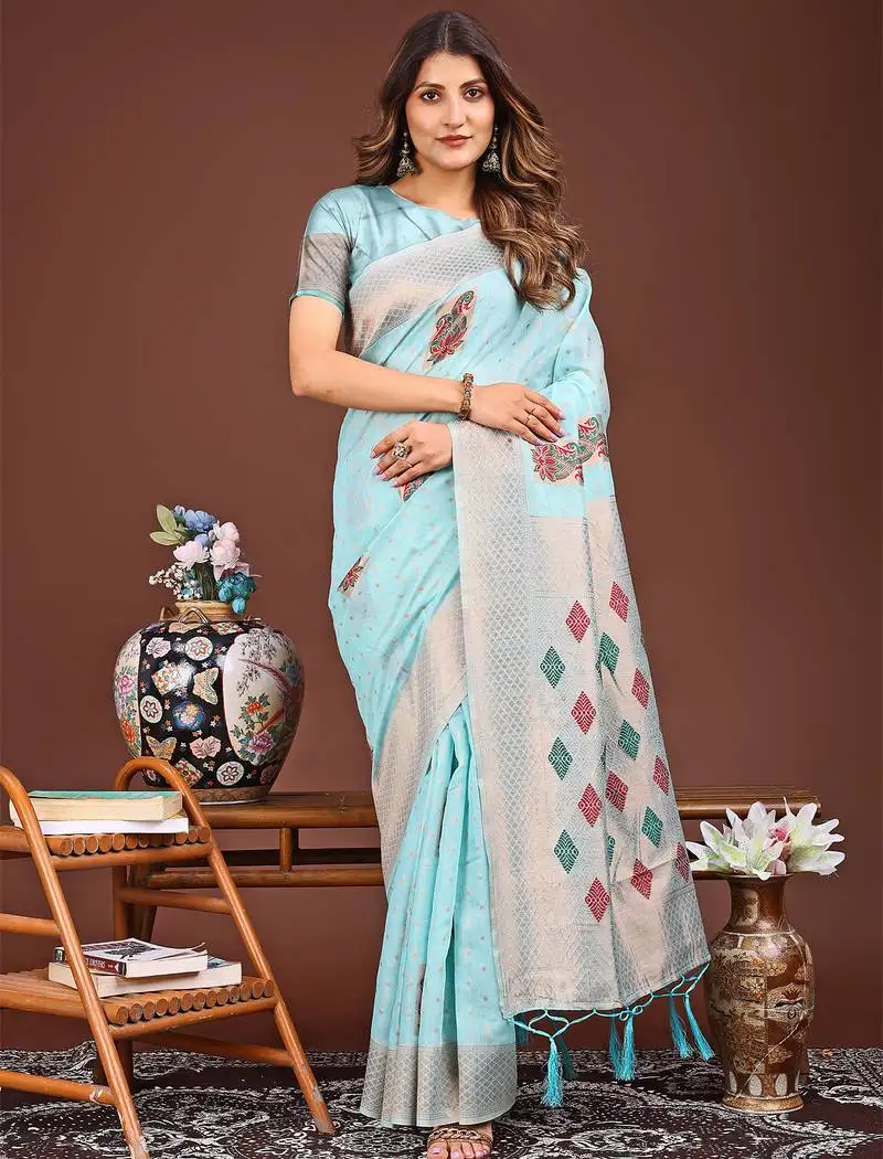 Sky blue jaquard saree with tassels