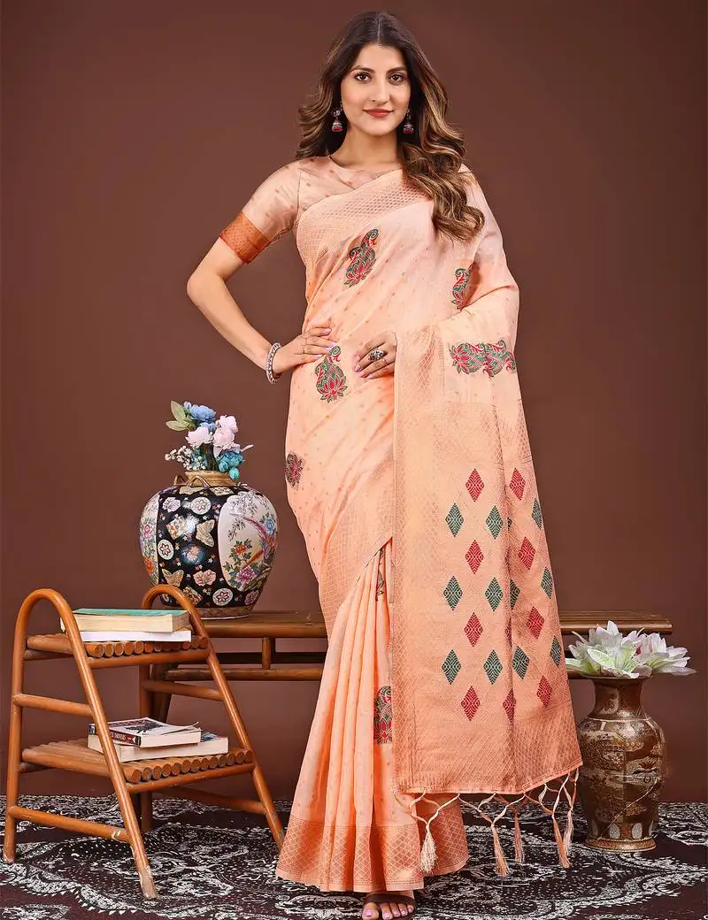 Orange jaquard saree with tassels
