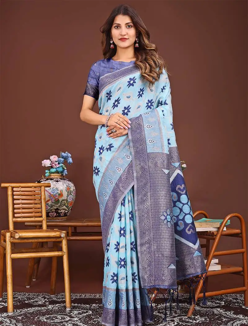 blue linen cotton patola saree