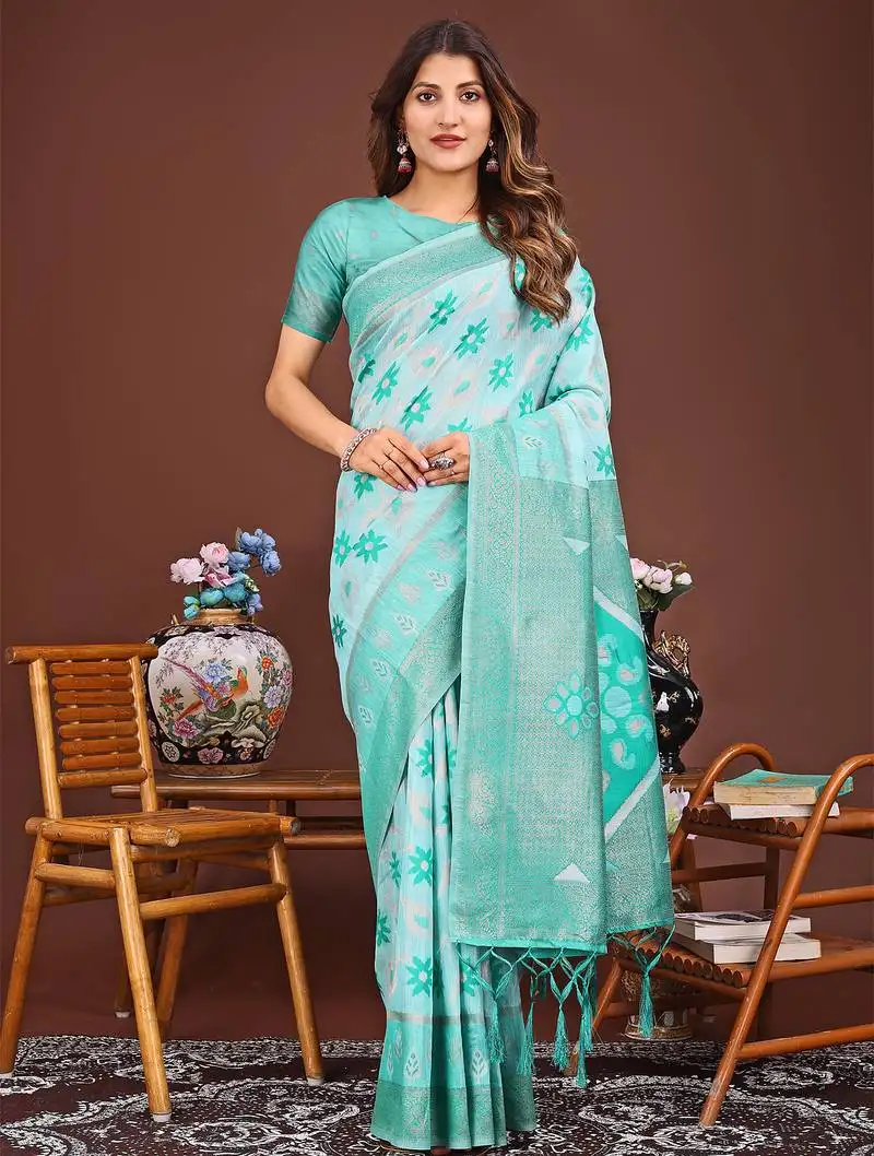 sea green linen cotton patola saree