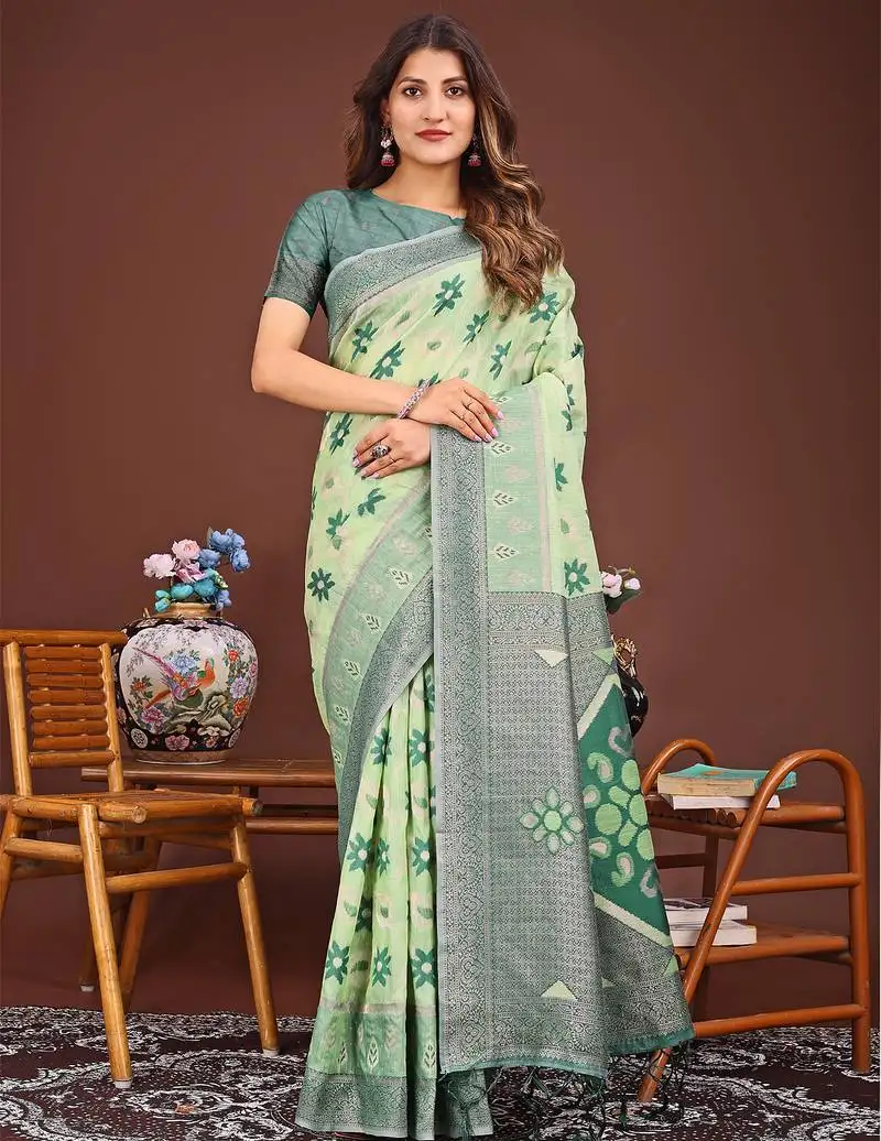 light green linen cotton patola saree