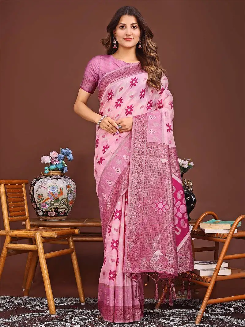 pink linen cotton patola saree